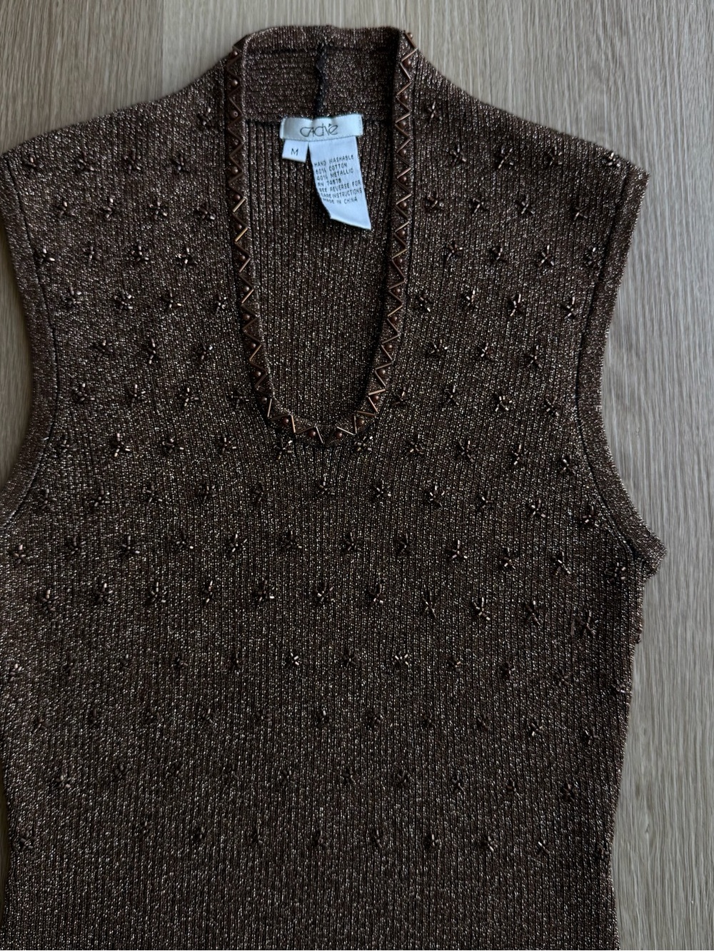 Vintage Cache Brown Metallic Beaded V-Neck Sleeveless Top M - Picture 2 of 6